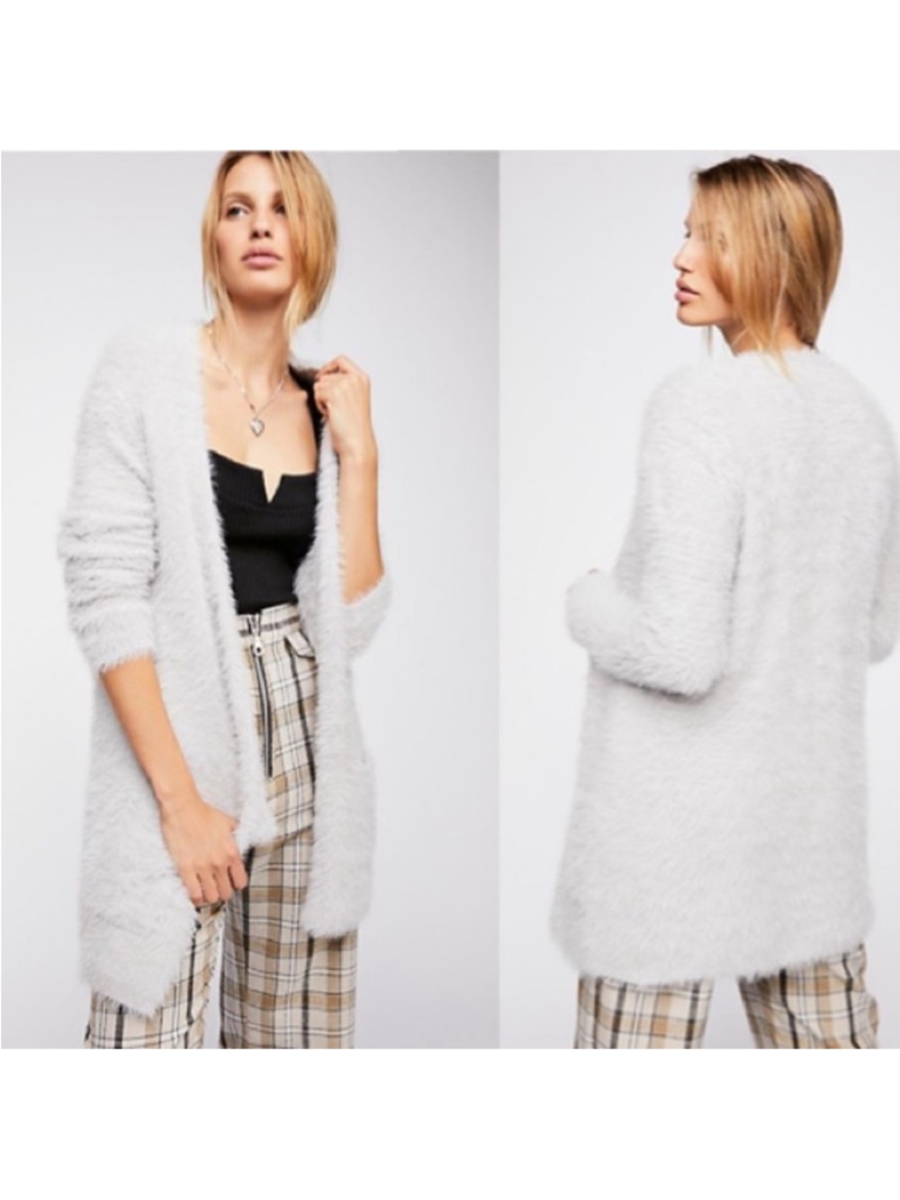 Free People Plush Faux-Fur Open Cardigan - Light Gray